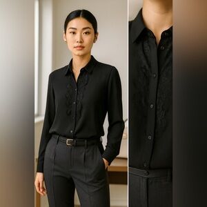 NWOT Banana Republic Ruffle Blouse Black Long Sleeve Flowy Loose Fit Collared S‌